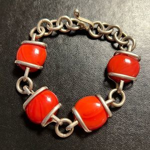 Vintage 925 Silver Wrapped Glass Coral Cabochon Stone Bracelet
